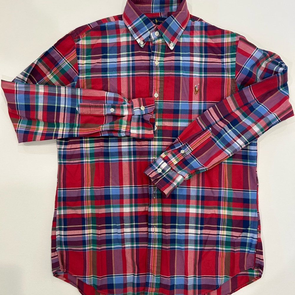 Ralph Lauren Oxford Men's M Plaid Button-Down Long Sleeve Shirt with Flesh Pony